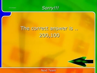 5:30 Answer
                      Sorry!!!



              The correct answer is ..
                     200,100




                                         30
                      Next Team
 