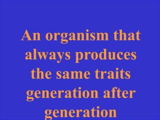 An organism that
always produces
the same traits
generation after
generation
 