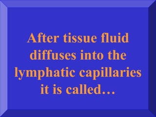 After tissue fluid
diffuses into the
lymphatic capillaries
it is called…
 