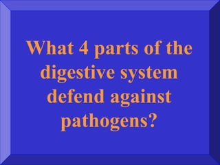 What 4 parts of the
digestive system
defend against
pathogens?
 