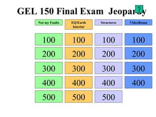 GEL 150 Final Exam Jeopardy
100
200
300
400
500
100
200
300
400
500
100
200
300
400
500
100
200
300
400
Not my Faults EQ/Earth
Interior
Structures VideoRama
 