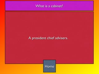 A president chief advisers.  What is a cabinet? Home 