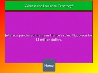 Jefferson purchased this from France’s ruler, Napoleon for 15 million dollars. What is the Louisiana Territory? Home 