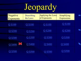 Jeopardy
Negative
Exponents

Describing
the Laws

Q $100

Q $100

Q $100

Q $100

Q $200

Q $200

Q $200

Q $200

Q $300

Q $300

Q $300

Q $300

Q $400

Q $400

Q $400

Q $400

Q $500

Q $500

Q $500

Q $500

Applying the Laws
of Exponents

Simplifying
Expressions

 