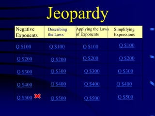 Jeopardy
Negative
Exponents

Describing
the Laws

Q $100

Q $100

Q $100

Q $100

Q $200

Q $200

Q $200

Q $200

Q $300

Q $300

Q $300

Q $300

Q $400

Q $400

Q $400

Q $400

Q $500

Q $500

Q $500

Q $500

Applying the Laws
of Exponents

Simplifying
Expressions

 