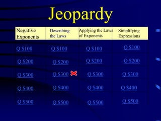 Jeopardy
Negative
Exponents

Describing
the Laws

Q $100

Q $100

Q $100

Q $100

Q $200

Q $200

Q $200

Q $200

Q $300

Q $300

Q $300

Q $300

Q $400

Q $400

Q $400

Q $400

Q $500

Q $500

Q $500

Q $500

Applying the Laws
of Exponents

Simplifying
Expressions

 