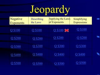 Jeopardy
Negative
Exponents

Describing
the Laws

Q $100

Q $100

Q $100

Q $100

Q $200

Q $200

Q $200

Q $200

Q $300

Q $300

Q $300

Q $300

Q $400

Q $400

Q $400

Q $400

Q $500

Q $500

Q $500

Q $500

Applying the Laws
of Exponents

Simplifying
Expressions

 