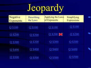 Jeopardy
Negative
Exponents

Describing
the Laws

Q $100

Q $100

Q $100

Q $100

Q $200

Q $200

Q $200

Q $200

Q $300

Q $300

Q $300

Q $300

Q $400

Q $400

Q $400

Q $400

Q $500

Q $500

Q $500

Q $500

Applying the Laws
of Exponents

Simplifying
Expressions

 