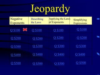 Jeopardy
Negative
Exponents

Describing
the Laws

Q $100

Q $100

Q $100

Q $100

Q $200

Q $200

Q $200

Q $200

Q $300

Q $300

Q $300

Q $300

Q $400

Q $400

Q $400

Q $400

Q $500

Q $500

Q $500

Q $500

Applying the Laws
of Exponents

Simplifying
Expressions

 