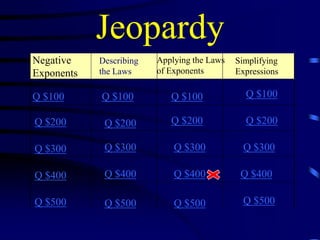 Jeopardy
Negative
Exponents

Describing
the Laws

Q $100

Q $100

Q $100

Q $100

Q $200

Q $200

Q $200

Q $200

Q $300

Q $300

Q $300

Q $300

Q $400

Q $400

Q $400

Q $400

Q $500

Q $500

Q $500

Q $500

Applying the Laws
of Exponents

Simplifying
Expressions

 