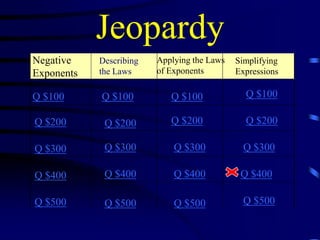 Jeopardy
Negative
Exponents

Describing
the Laws

Q $100

Q $100

Q $100

Q $100

Q $200

Q $200

Q $200

Q $200

Q $300

Q $300

Q $300

Q $300

Q $400

Q $400

Q $400

Q $400

Q $500

Q $500

Q $500

Q $500

Applying the Laws
of Exponents

Simplifying
Expressions

 