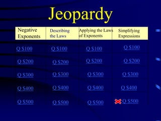 Jeopardy
Negative
Exponents

Describing
the Laws

Q $100

Q $100

Q $100

Q $100

Q $200

Q $200

Q $200

Q $200

Q $300

Q $300

Q $300

Q $300

Q $400

Q $400

Q $400

Q $400

Q $500

Q $500

Q $500

Q $500

Applying the Laws
of Exponents

Simplifying
Expressions

 