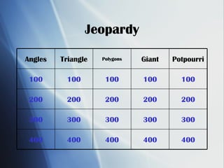 Jeopardy 400 400 400 400 400 300 300 300 300 300 200 200 200 200 200 100 100 100 100 100 Potpourri  Giant Polygons Triangle Angles 