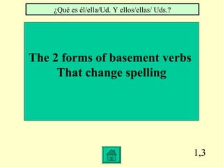 1,3 The 2 forms of basement verbs That change spelling ¿Qué es él/ella/Ud. Y ellos/ellas/ Uds.?