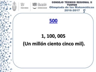 500
1, 100, 005
(Un millón ciento cinco mil).
 