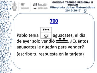 700
Pablo tenía aguacates, el día
de ayer solo vendió . ¿Cuántos
aguacates le quedan para vender?
(escribe tu respuesta en la tarjeta)
 