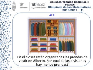 400
En el closet están organizadas las prendas de
vestir de Alberto, ¿en cual de las divisiones
hay menos prendas?
 