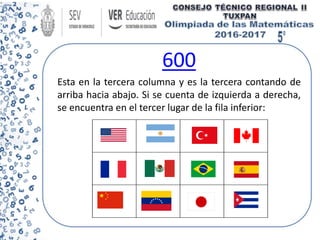 600
Esta en la tercera columna y es la tercera contando de
arriba hacia abajo. Si se cuenta de izquierda a derecha,
se encuentra en el tercer lugar de la fila inferior:
 
