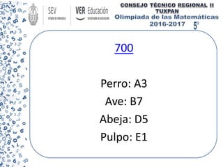 700
Perro: A3
Ave: B7
Abeja: D5
Pulpo: E1
 