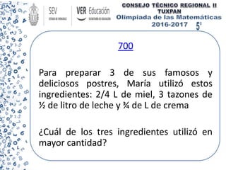 700
Para preparar 3 de sus famosos y
deliciosos postres, María utilizó estos
ingredientes: 2/4 L de miel, 3 tazones de
½ de litro de leche y ¾ de L de crema
¿Cuál de los tres ingredientes utilizó en
mayor cantidad?
 