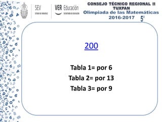 200
Tabla 1= por 6
Tabla 2= por 13
Tabla 3= por 9
 