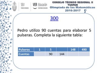 300
Pedro utilizo 90 cuentas para elaborar 5
pulseras. Completa la siguiente tabla:
Pulseras 1 5 148 490
Cuentas 90 144
 