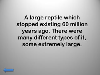 A large reptile which
stopped existing 60 million
years ago. There were
many different types of it,
some extremely large.
 