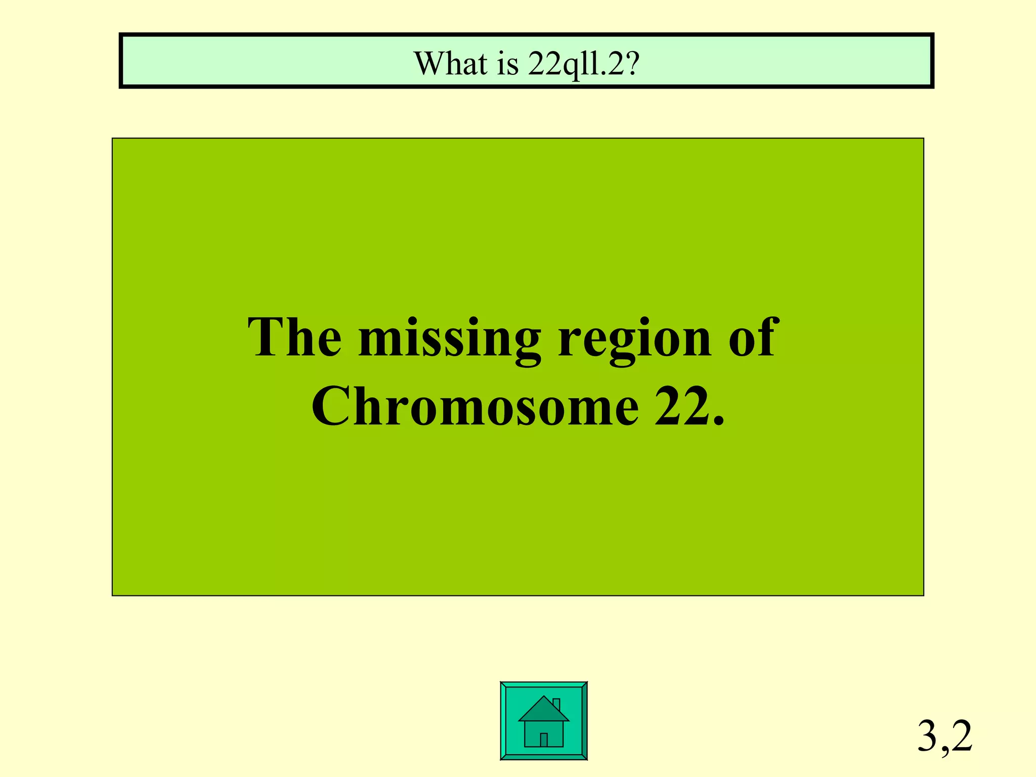 3,2 The missing region of Chromosome 22. What is 22qll.2?