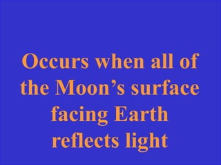 Occurs when all of
the Moon’s surface
facing Earth
reflects light
 