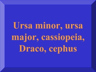 Ursa minor, ursa
major, cassiopeia,
Draco, cephus
 