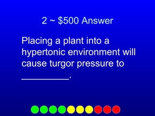 2 ~ $500 Answer
Placing a plant into a
hypertonic environment will
cause turgor pressure to
_________.

 