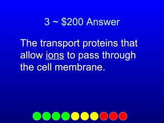3 ~ $200 Answer
The transport proteins that
allow ions to pass through
the cell membrane.

 