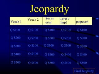 Jeopardy
Vocab 1
Vocab 2 Ser vs
estar
¿pret o
Imp? potpourri
Q $100
Q $200
Q $300
Q $400
Q $500
Q $100 Q $100Q $100 Q $100
Q $200 Q $200 Q $200 Q $200
Q $300 Q $300 Q $300 Q $300
Q $400 Q $400 Q $400 Q $400
Q $500 Q $500 Q $500 Q $500
Final Jeopardy
 