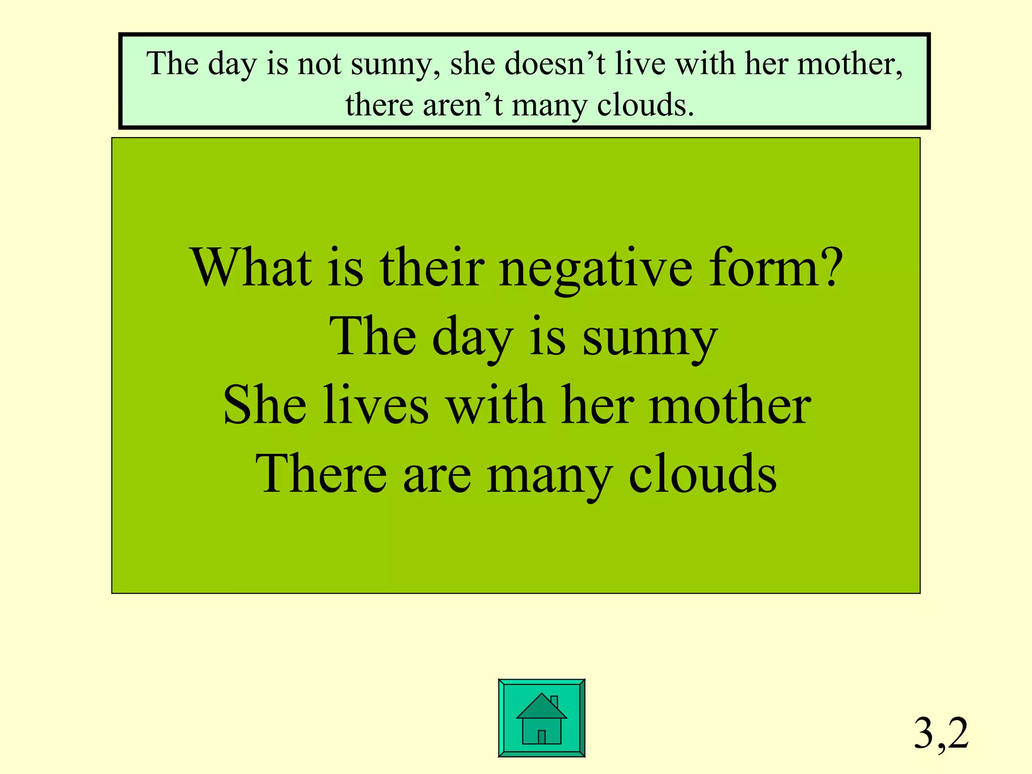 3,2 What is their negative form? The day is sunny She lives with her mother There are many clouds The day is not sunny, she doesn’t live with her mother, there aren’t many clouds.  