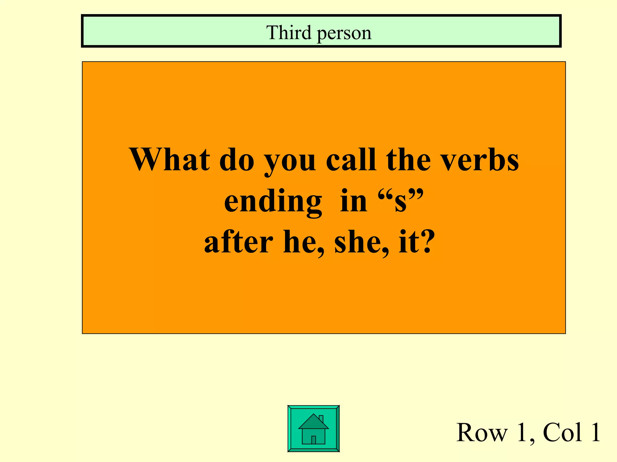 Row 1, Col 1 What do you call the verbs  ending  in “s” after he, she, it?  Third person  