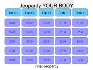 Jeopardy YOUR BODYJeopardy YOUR BODY
$100
Topic 1 Topic 2 Topic 3 Topic 4 Topic 5
$200
$300
$400
$500 $500
$400
$300
$200
$100
$500
$400
$300
$200
$100
$500
$400
$300
$200
$100
$500
$400
$300
$200
$100
Final JeopardyFinal Jeopardy
 