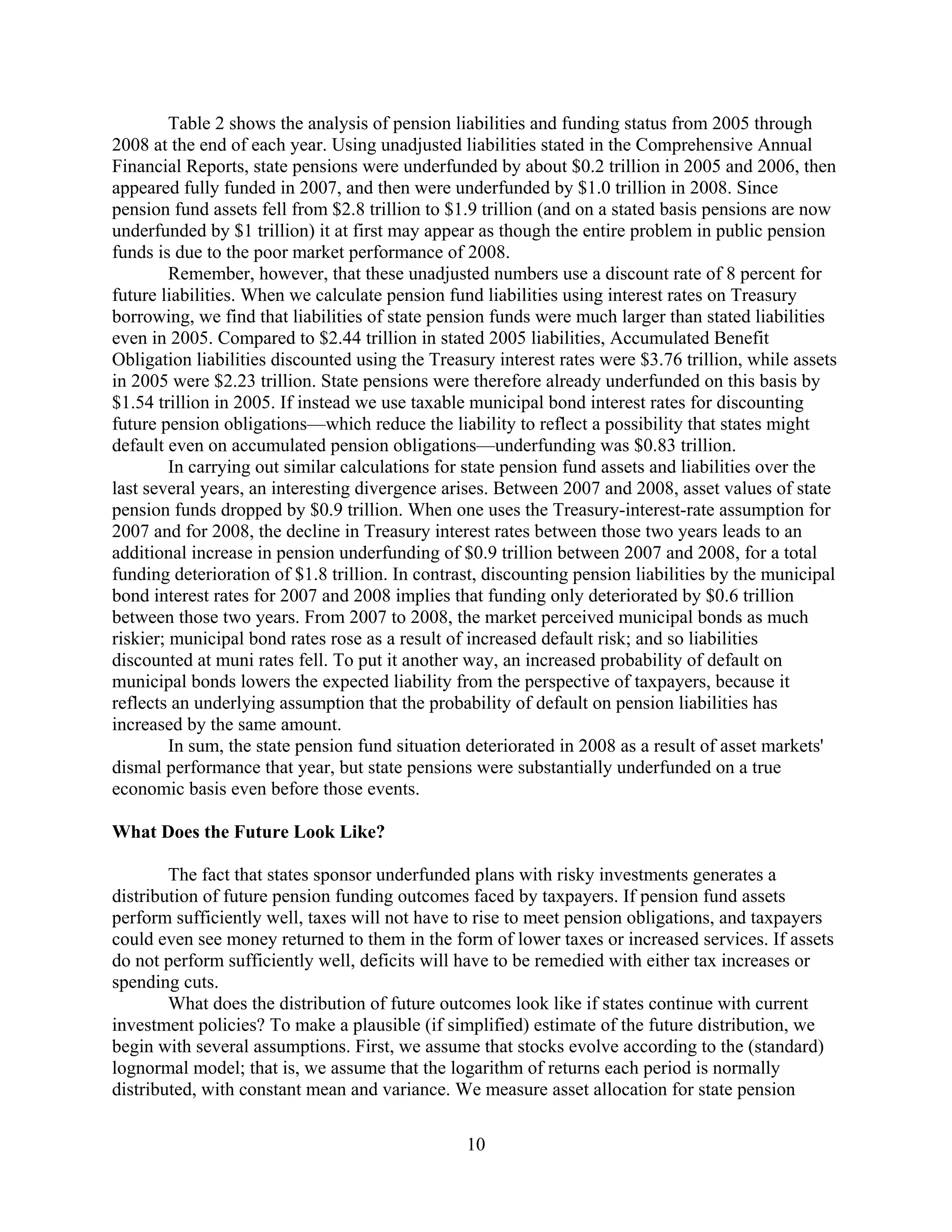 Table 2 shows the analysis of pension liabilities and funding status from 2005 through
2008 at the end of each year. Using unadjusted liabilities stated in the Comprehensive Annual
Financial Reports, state pensions were underfunded by about $0.2 trillion in 2005 and 2006, then
appeared fully funded in 2007, and then were underfunded by $1.0 trillion in 2008. Since
pension fund assets fell from $2.8 trillion to $1.9 trillion (and on a stated basis pensions are now
underfunded by $1 trillion) it at first may appear as though the entire problem in public pension
funds is due to the poor market performance of 2008.
         Remember, however, that these unadjusted numbers use a discount rate of 8 percent for
future liabilities. When we calculate pension fund liabilities using interest rates on Treasury
borrowing, we find that liabilities of state pension funds were much larger than stated liabilities
even in 2005. Compared to $2.44 trillion in stated 2005 liabilities, Accumulated Benefit
Obligation liabilities discounted using the Treasury interest rates were $3.76 trillion, while assets
in 2005 were $2.23 trillion. State pensions were therefore already underfunded on this basis by
$1.54 trillion in 2005. If instead we use taxable municipal bond interest rates for discounting
future pension obligations—which reduce the liability to reflect a possibility that states might
default even on accumulated pension obligations—underfunding was $0.83 trillion.
         In carrying out similar calculations for state pension fund assets and liabilities over the
last several years, an interesting divergence arises. Between 2007 and 2008, asset values of state
pension funds dropped by $0.9 trillion. When one uses the Treasury-interest-rate assumption for
2007 and for 2008, the decline in Treasury interest rates between those two years leads to an
additional increase in pension underfunding of $0.9 trillion between 2007 and 2008, for a total
funding deterioration of $1.8 trillion. In contrast, discounting pension liabilities by the municipal
bond interest rates for 2007 and 2008 implies that funding only deteriorated by $0.6 trillion
between those two years. From 2007 to 2008, the market perceived municipal bonds as much
riskier; municipal bond rates rose as a result of increased default risk; and so liabilities
discounted at muni rates fell. To put it another way, an increased probability of default on
municipal bonds lowers the expected liability from the perspective of taxpayers, because it
reflects an underlying assumption that the probability of default on pension liabilities has
increased by the same amount.
         In sum, the state pension fund situation deteriorated in 2008 as a result of asset markets'
dismal performance that year, but state pensions were substantially underfunded on a true
economic basis even before those events.

What Does the Future Look Like?

        The fact that states sponsor underfunded plans with risky investments generates a
distribution of future pension funding outcomes faced by taxpayers. If pension fund assets
perform sufficiently well, taxes will not have to rise to meet pension obligations, and taxpayers
could even see money returned to them in the form of lower taxes or increased services. If assets
do not perform sufficiently well, deficits will have to be remedied with either tax increases or
spending cuts.
        What does the distribution of future outcomes look like if states continue with current
investment policies? To make a plausible (if simplified) estimate of the future distribution, we
begin with several assumptions. First, we assume that stocks evolve according to the (standard)
lognormal model; that is, we assume that the logarithm of returns each period is normally
distributed, with constant mean and variance. We measure asset allocation for state pension

                                                 10
 