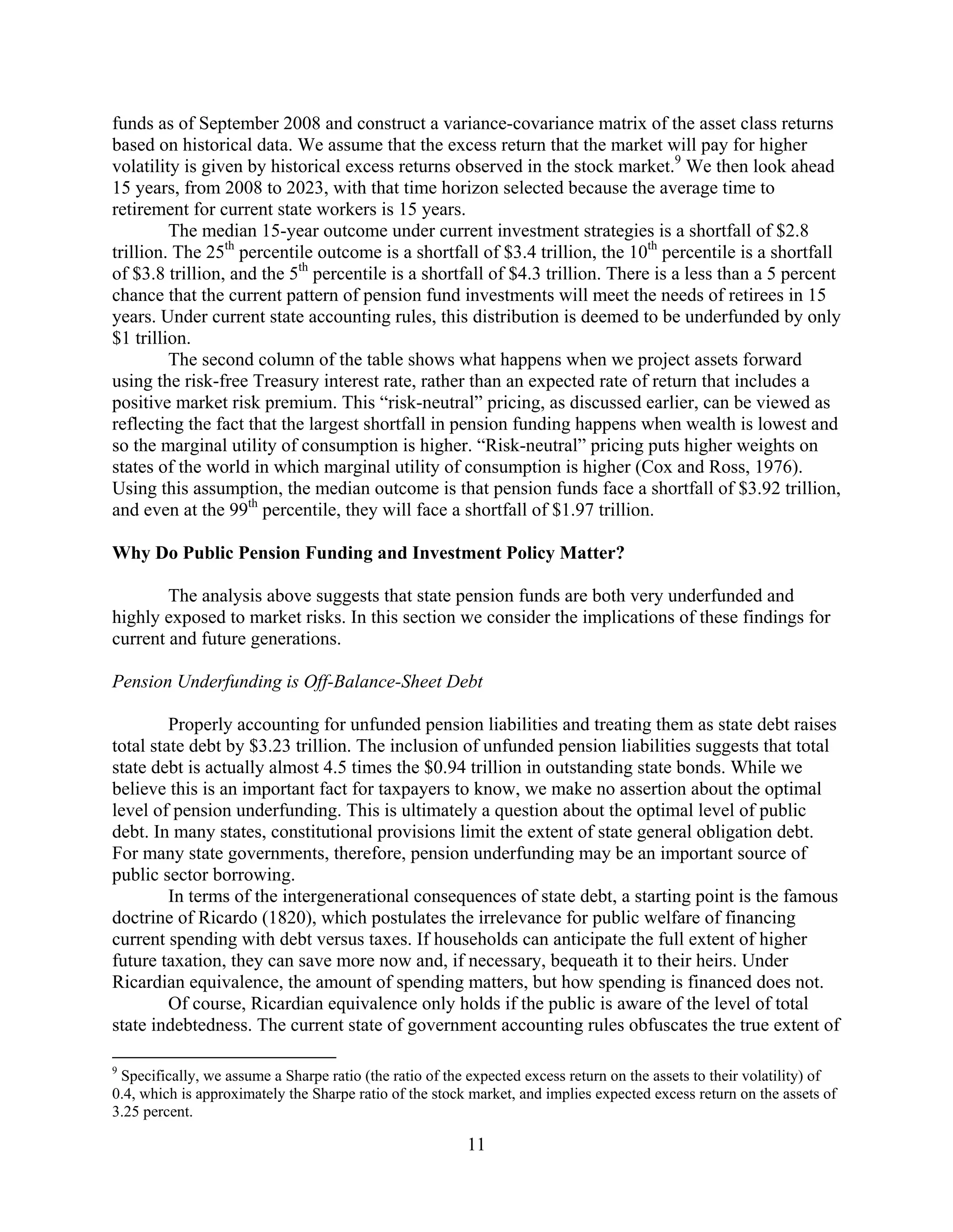 funds as of September 2008 and construct a variance-covariance matrix of the asset class returns
based on historical data. We assume that the excess return that the market will pay for higher
volatility is given by historical excess returns observed in the stock market.9 We then look ahead
15 years, from 2008 to 2023, with that time horizon selected because the average time to
retirement for current state workers is 15 years.
         The median 15-year outcome under current investment strategies is a shortfall of $2.8
trillion. The 25th percentile outcome is a shortfall of $3.4 trillion, the 10th percentile is a shortfall
of $3.8 trillion, and the 5th percentile is a shortfall of $4.3 trillion. There is a less than a 5 percent
chance that the current pattern of pension fund investments will meet the needs of retirees in 15
years. Under current state accounting rules, this distribution is deemed to be underfunded by only
$1 trillion.
         The second column of the table shows what happens when we project assets forward
using the risk-free Treasury interest rate, rather than an expected rate of return that includes a
positive market risk premium. This “risk-neutral” pricing, as discussed earlier, can be viewed as
reflecting the fact that the largest shortfall in pension funding happens when wealth is lowest and
so the marginal utility of consumption is higher. “Risk-neutral” pricing puts higher weights on
states of the world in which marginal utility of consumption is higher (Cox and Ross, 1976).
Using this assumption, the median outcome is that pension funds face a shortfall of $3.92 trillion,
and even at the 99th percentile, they will face a shortfall of $1.97 trillion.

Why Do Public Pension Funding and Investment Policy Matter?

        The analysis above suggests that state pension funds are both very underfunded and
highly exposed to market risks. In this section we consider the implications of these findings for
current and future generations.

Pension Underfunding is Off-Balance-Sheet Debt

         Properly accounting for unfunded pension liabilities and treating them as state debt raises
total state debt by $3.23 trillion. The inclusion of unfunded pension liabilities suggests that total
state debt is actually almost 4.5 times the $0.94 trillion in outstanding state bonds. While we
believe this is an important fact for taxpayers to know, we make no assertion about the optimal
level of pension underfunding. This is ultimately a question about the optimal level of public
debt. In many states, constitutional provisions limit the extent of state general obligation debt.
For many state governments, therefore, pension underfunding may be an important source of
public sector borrowing.
         In terms of the intergenerational consequences of state debt, a starting point is the famous
doctrine of Ricardo (1820), which postulates the irrelevance for public welfare of financing
current spending with debt versus taxes. If households can anticipate the full extent of higher
future taxation, they can save more now and, if necessary, bequeath it to their heirs. Under
Ricardian equivalence, the amount of spending matters, but how spending is financed does not.
         Of course, Ricardian equivalence only holds if the public is aware of the level of total
state indebtedness. The current state of government accounting rules obfuscates the true extent of

9
 Specifically, we assume a Sharpe ratio (the ratio of the expected excess return on the assets to their volatility) of
0.4, which is approximately the Sharpe ratio of the stock market, and implies expected excess return on the assets of
3.25 percent.

                                                         11
 