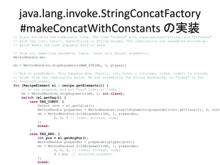 java.lang.invoke.StringConcatFactory
#makeConcatWithConstants の実装// Start building the combinator tree. The tree "starts" with (<parameters>)String, and "finishes"
// with the (int, byte[], byte)String in String helper. The combinators are assembled bottom-up,
// which makes the code arguably hard to read.
// Drop all remaining parameter types, leave only helper arguments:
MethodHandle mh;
mh = MethodHandles.dropArguments(NEW_STRING, 3, ptypes);
// Mix in prependers. This happens when (byte[], int, byte) = (storage, index, coder) is already
// known from the combinators below. We are assembling the string backwards, so "index" is the
// *ending* index.
for (RecipeElement el : recipe.getElements()) {
// Do the prepend, and put "new" index at index 1
mh = MethodHandles.dropArguments(mh, 2, int.class);
switch (el.getTag()) {
case TAG_CONST: {
Object cnst = el.getValue();
MethodHandle prepender = MethodHandles.insertArguments(prepender(cnst.getClass()), 3, cnst)
mh = MethodHandles.foldArguments(mh, 1, prepender,
2, 0, 3 // index, storage, coder
);
break;
}
case TAG_ARG: {
int pos = el.getArgPos();
MethodHandle prepender = prepender(ptypes[pos]);
mh = MethodHandles.foldArguments(mh, 1, prepender,
2, 0, 3, // index, storage, coder
4 + pos // selected argument
);
break;
 
