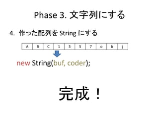Phase 3. 文字列にする
4. 作った配列を String にする
new String(buf, coder);
A B C 1 3 5 7 o b j
完成！
 
