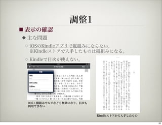 調整1
■ 表示の確認
◆   主な問題
 ◇   iOSのKindleアプリで縦組みにならない。
     ※Kindleストアで入手したものは縦組みになる。
 ◇   Kindleで目次が使えない。




    005：横組みでルビなども無効になり、目次も
    利用できない


                             Kindleストアから入手したもの

                                                 20
 