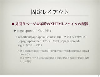 固定レイアウト
■ 見開きページ表示時のXHTMLファイルの配置

◆   page-spread-*プロパティ
 ◇   rendition:page-spread-center（単一ファイルを中央に）
     ／page-spread-left（左ページに）／page-spread-
     right（右ページに）

     • 例：<itemref idref="page01" properties="rendition:page-spread-
       center"/>
       ※このプロパティはpackage要素＞spine要素＞itemref要素の属性
       として指定




                                                                      32
 