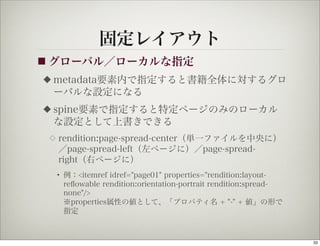 固定レイアウト
■ グローバル／ローカルな指定
◆   metadata要素内で指定すると書籍全体に対するグロ
    ーバルな設定になる
◆   spine要素で指定すると特定ページのみのローカル
    な設定として上書きできる
 ◇   rendition:page-spread-center（単一ファイルを中央に）
     ／page-spread-left（左ページに）／page-spread-
     right（右ページに）
     • 例：<itemref idref="page01" properties="rendition:layout-
       reﬂowable rendition:orientation-portrait rendition:spread-
       none"/>
       ※properties属性の値として、「プロパティ名 + "-" + 値」の形で
       指定



                                                                    33
 