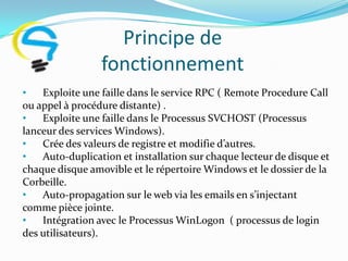 Principe de
                 fonctionnement
•   Exploite une faille dans le service RPC ( Remote Procedure Call
ou appel à procédure distante) .
•   Exploite une faille dans le Processus SVCHOST (Processus
lanceur des services Windows).
•   Crée des valeurs de registre et modifie d’autres.
•   Auto-duplication et installation sur chaque lecteur de disque et
chaque disque amovible et le répertoire Windows et le dossier de la
Corbeille.
•   Auto-propagation sur le web via les emails en s’injectant
comme pièce jointe.
•   Intégration avec le Processus WinLogon ( processus de login
des utilisateurs).
 