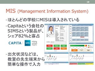 MIS (Management Information System)
• ほとんどの学校にMISは導入されている
• Capitaという会社の
SIMSという製品が、
シェア82%と寡占
• 出欠状況などは、
教室の先生端末から
簡単な操作で入力
18
 