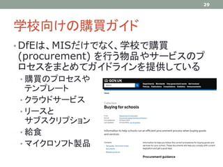 学校向けの購買ガイド
29
• DfEは、MISだけでなく、学校で購買
(procurement) を行う物品やサービスのプ
ロセスをまとめてガイドラインを提供している
• 購買のプロセスや
テンプレート
• クラウドサービス
• リースと
サブスクリプション
• 給食
• マイクロソフト製品
 