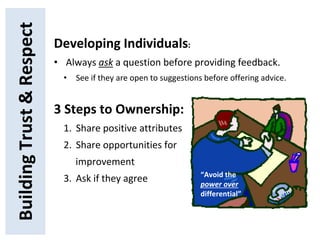 BuildingTrust&Respect
Developing Individuals:
• Always ask a question before providing feedback.
• See if they are open to suggestions before offering advice.
3 Steps to Ownership:
1. Share positive attributes
2. Share opportunities for
improvement
3. Ask if they agree “Avoid the
power over
differential”
 