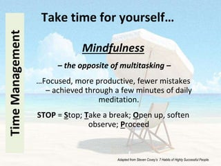 Mindfulness
– the opposite of multitasking –
…Focused, more productive, fewer mistakes
– achieved through a few minutes of daily
meditation.
STOP = Stop; Take a break; Open up, soften
observe; Proceed
TimeManagement Take time for yourself…
Adapted from Steven Covey’s 7 Habits of Highly Successful People.
 