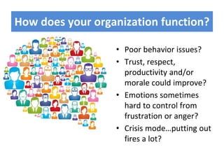 How does your organization function?
• Poor behavior issues?
• Trust, respect,
productivity and/or
morale could improve?
• Emotions sometimes
hard to control from
frustration or anger?
• Crisis mode…putting out
fires a lot?
 