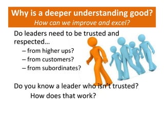 Why is a deeper understanding good?
How can we improve and excel?
Do leaders need to be trusted and
respected…
– from higher ups?
– from customers?
– from subordinates?
Do you know a leader who isn’t trusted?
How does that work?
 